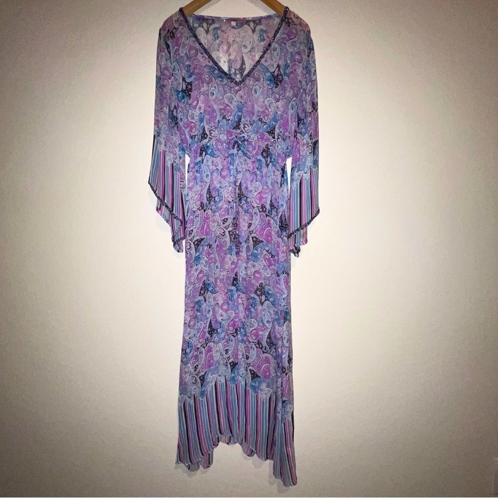 Calypso St. Barth 100% Silk Sheer Bead Boho Y2K Paisley Kimono Maxi Dress SZ 1 - Picture 2 of 15